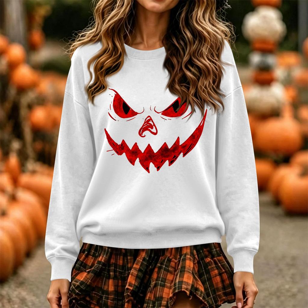 Women's Fashion Casual Long Sleeve Halloween Print Neck Pullover Sweatshirt