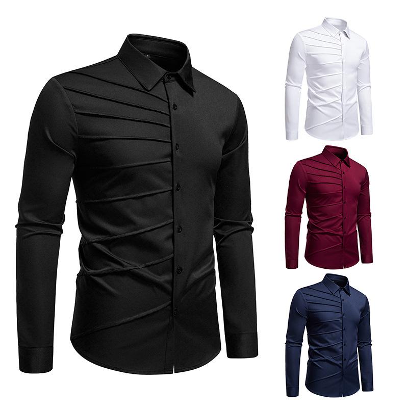 Autumn Men'S Solid Color Pleated Design Long-Sleeved Shirt European Size Men'S Loose Shirt