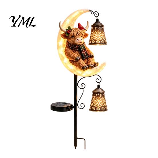 Solar Powered Porch Lighting Highland Cow Moon Garden Light, Christmas Metal Decorative Crescent Lawn Lamps Stake Outdoor Yard Path Decoration