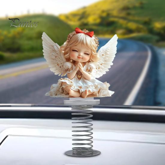 Small Angel Statues Girl Car Spring Ornament, 2D Double Sided Acrylic Dashboard Bouncing Cute Ornament Decor with Adhesive Base, Praying Figurine for