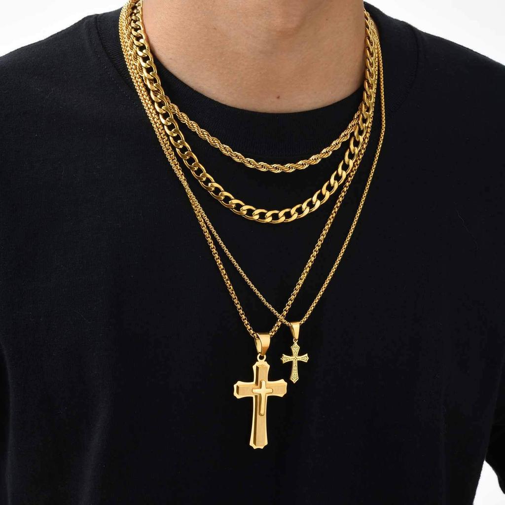 Vnox Men's Stacked Cross Necklace, 50/55/60cm Stainless Steel Cuban Twist Chain, Handsome Neck Collar Boys Teen Gifts
