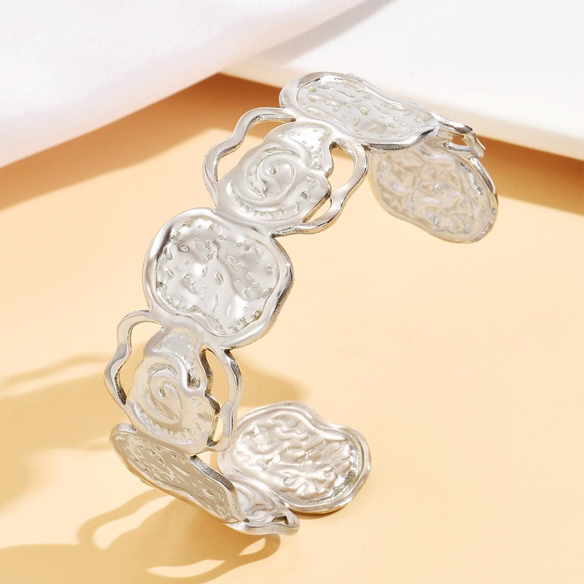 European Retro Rose Flower Open Stainless Steel Bracelet - Hollow Wide Design