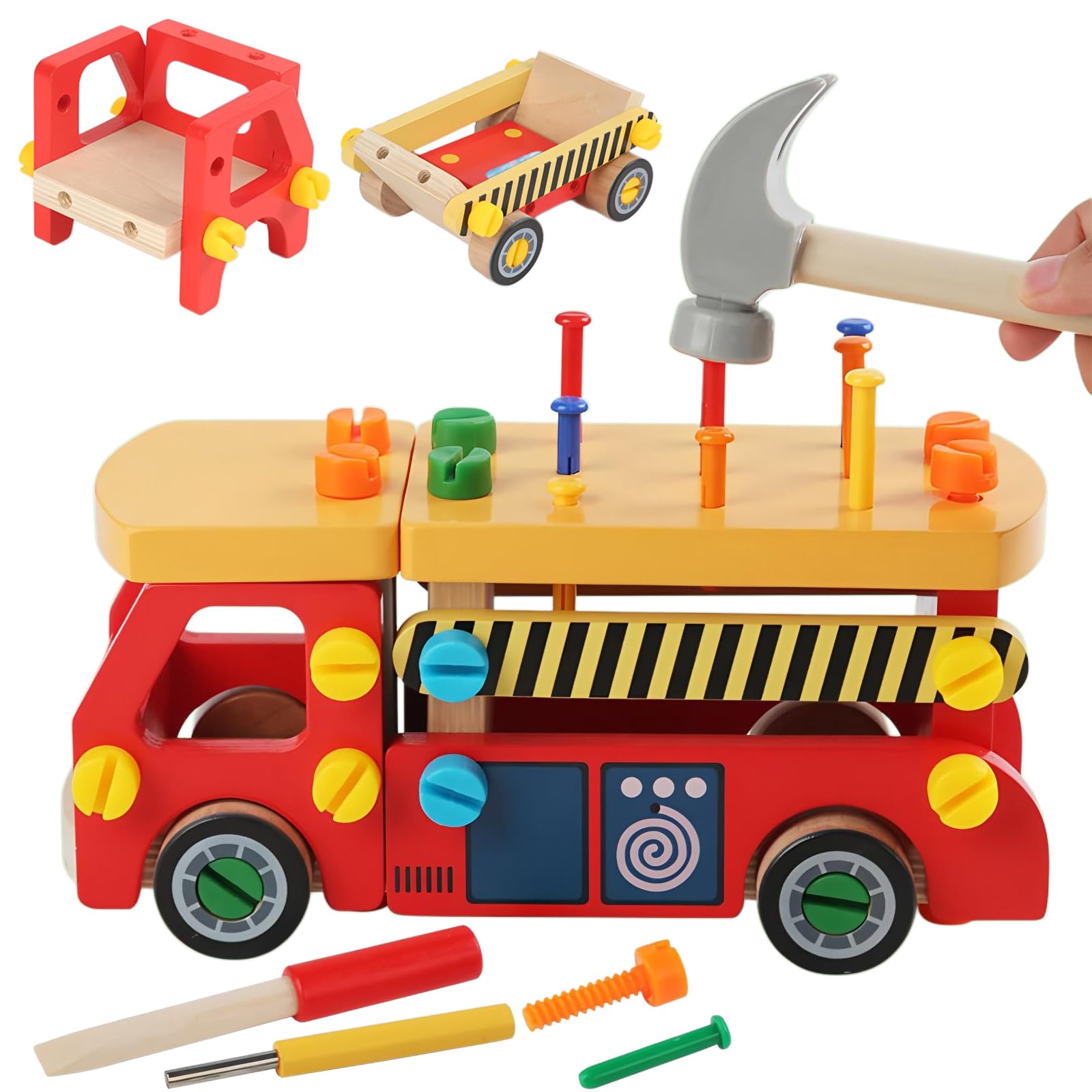 

CANDYCOOL Wooden Educational Carpenter Pretend Fire Truck Transforming Tool Includes and Pretend STEM Develops and Christmas Gift for Boys and Girls