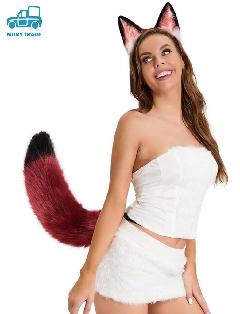 MORYTRADE Fox Cosplay Ears and Tail 2-Piece Set, Halloween Costume, Fox Kemonomimi, Pink