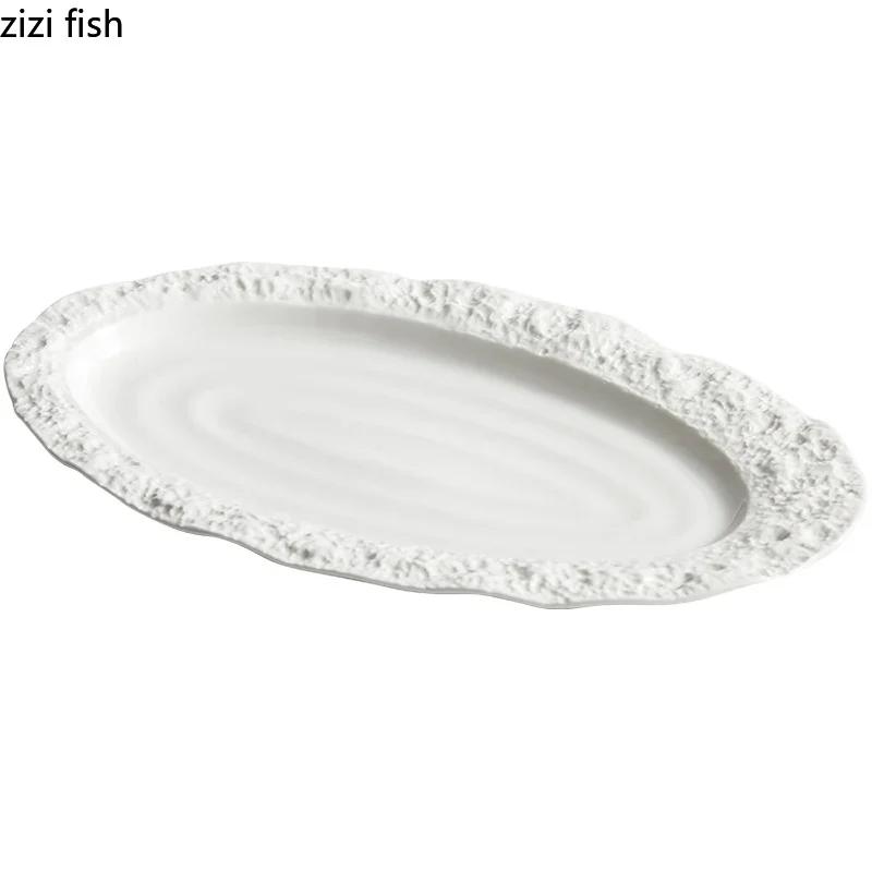 Oval Rock Texture Plate Ceramic Tableware Restaurant Steamed Fish Plate Dessert Dish Cake Plate Sushi Plates Barbecue Plates