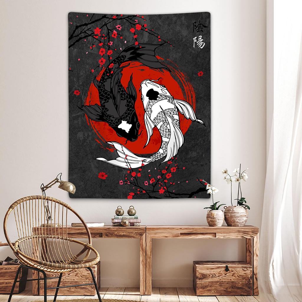 VIKAMA Japanese YinYang Koi Carp Tapestry Cherry Blossom Art Bedroom Living Room Office Tapestry Home Decoration