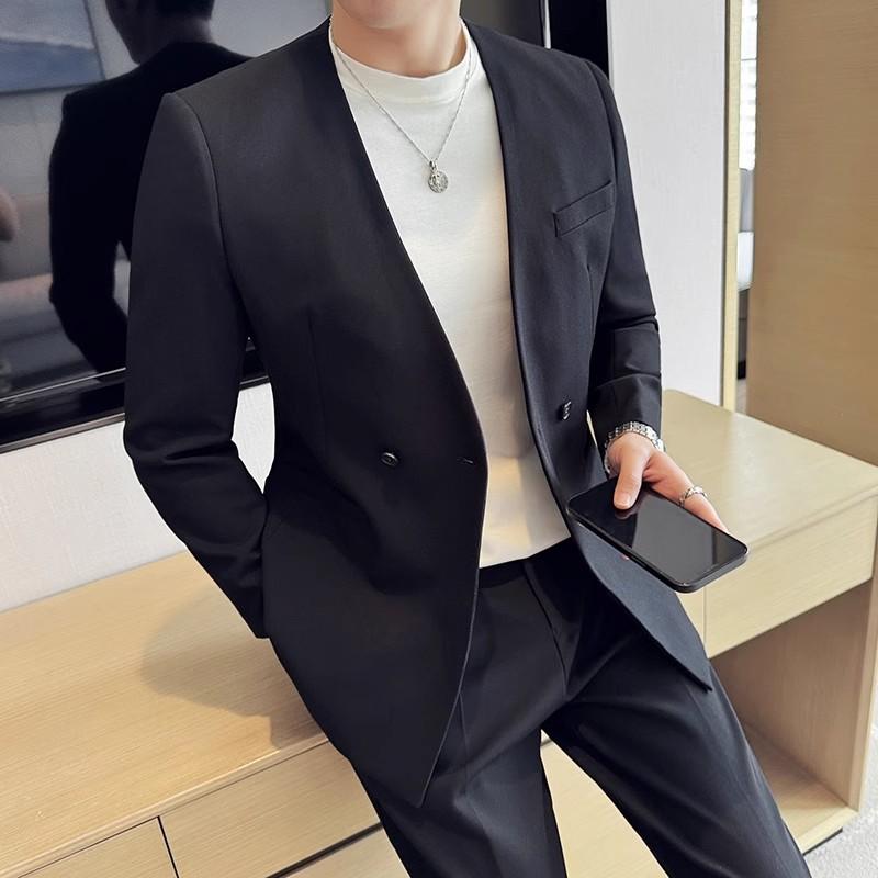 High Quality Fashion Men's Suit Coat Collarless Solid Wear Korean Style Slim Fit Blazers Tops Man