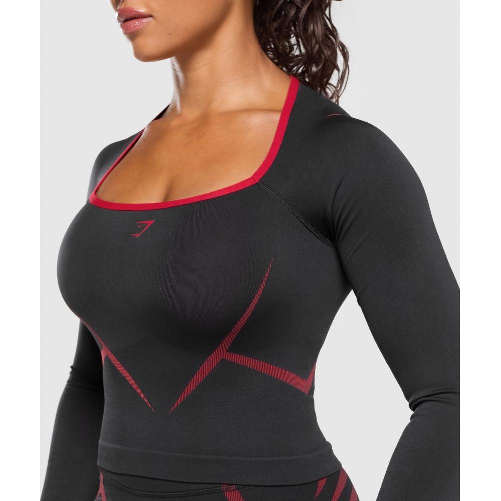 Gymshark Apex Lift Seamless Long Sleeve Crop Top Black Carmine Red B3c7t Bb4j