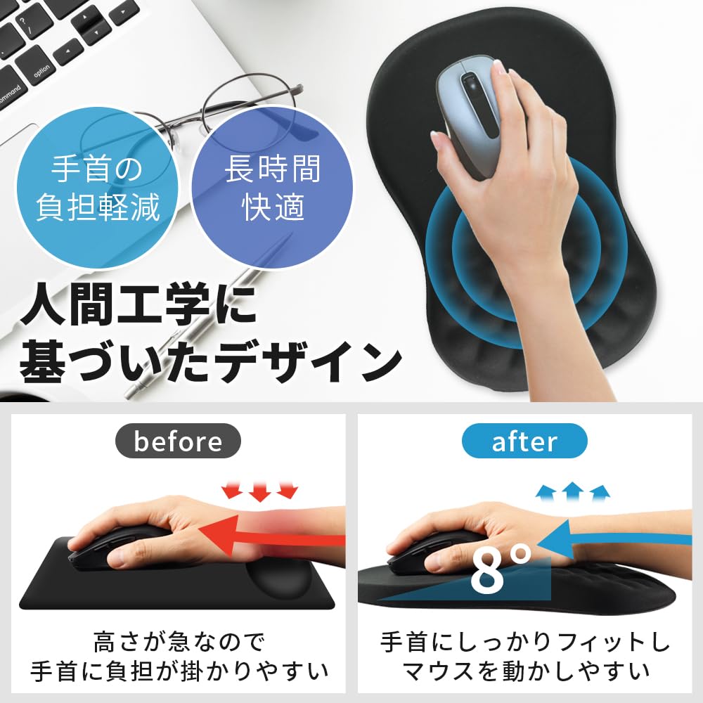 Memory Foam Mouse Pad with Wrist Integrated Reduces Washable Support, Breathable, Armrest, Fatigue, (Black)