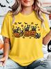 Halloween Skeleton Cat Pumpkin Bat Leaf Womens Crew Neck Short Sleeve T Shirt Fall Casual Graphic Tees For Ladies Daily Wear
