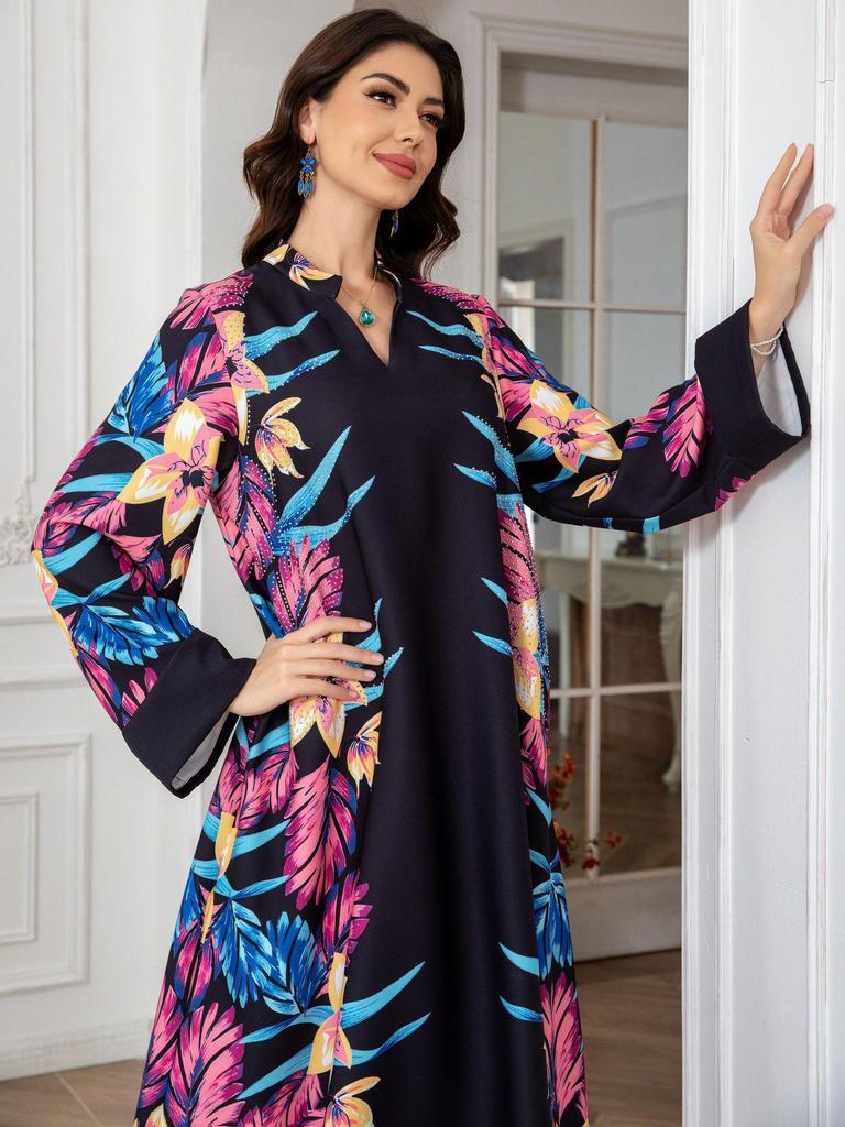 0808 Cross-Border Muslim Women's Printed Long Robe Dress - Middle East & Western Styles