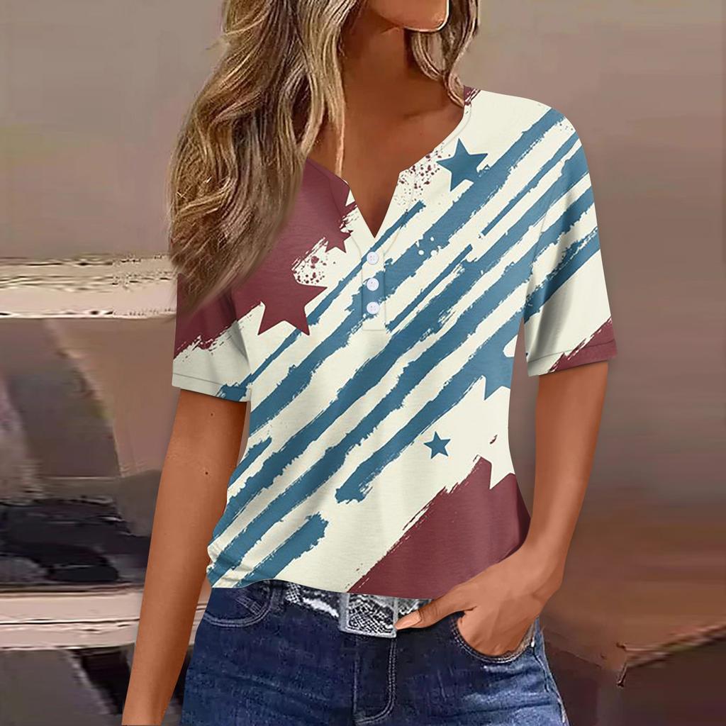 T-skjorte for kvinner med kortermet knapp med kortermet t-skjorte daglig helgmote Basic V-hals vanlig topp