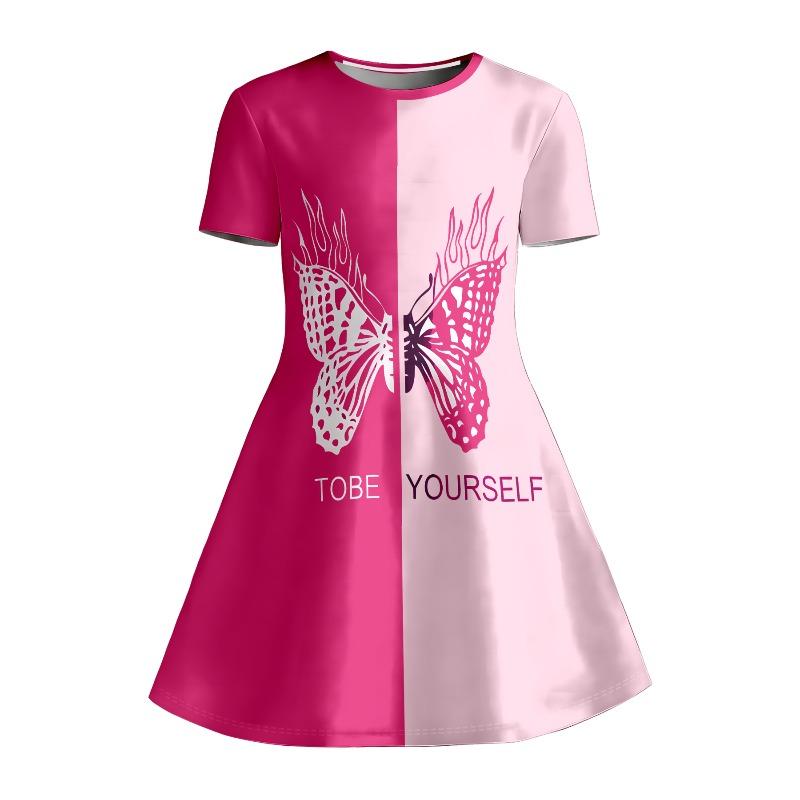 Girl "Be Yourself" Butterfly Printed Short Sleeve Dress in Hot Pink and Light Pink Casual Dresses Suitable for Birthday Gifts