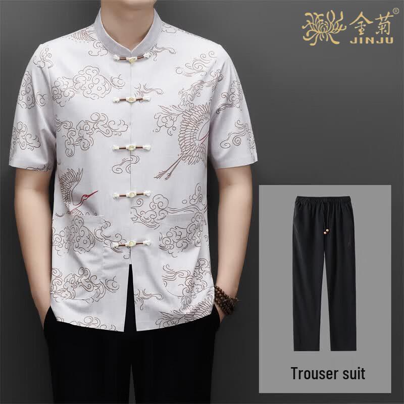 Men s Summer Chinese Style Tang Suit Two-Piece Set 3XL