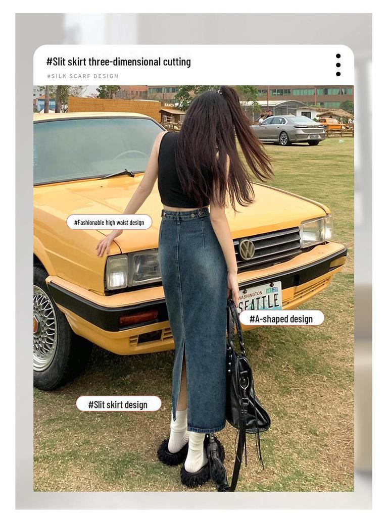 2024 Women's High-Waisted A-Line Denim Skirt with Split: Retro Long Skirt for Spring and Autumn