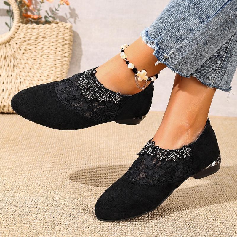 New Single Shoes for Autumn Women's Fashion Round Toe Suede Spliced Mesh Crystal Flower Soft Sole Non-Slip Low-Top Shoes