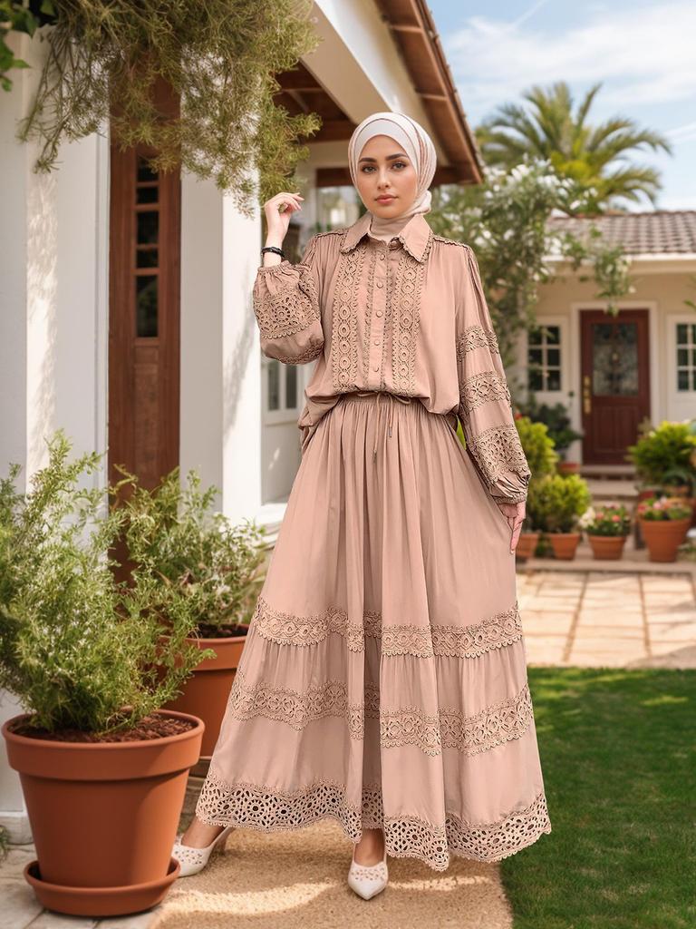 M276# Middle East Lace Applique Shirt & Loose A-line Long Skirt Set for Women