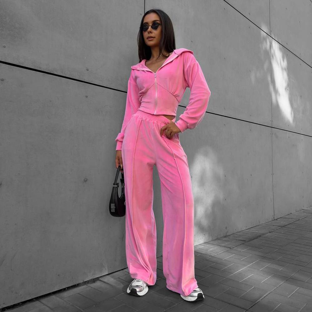 Spice Girl Waist Solid Color Slim Zipper Velvet Jacket Suit Street Style Fashionable Versatile Casual Trousers Women