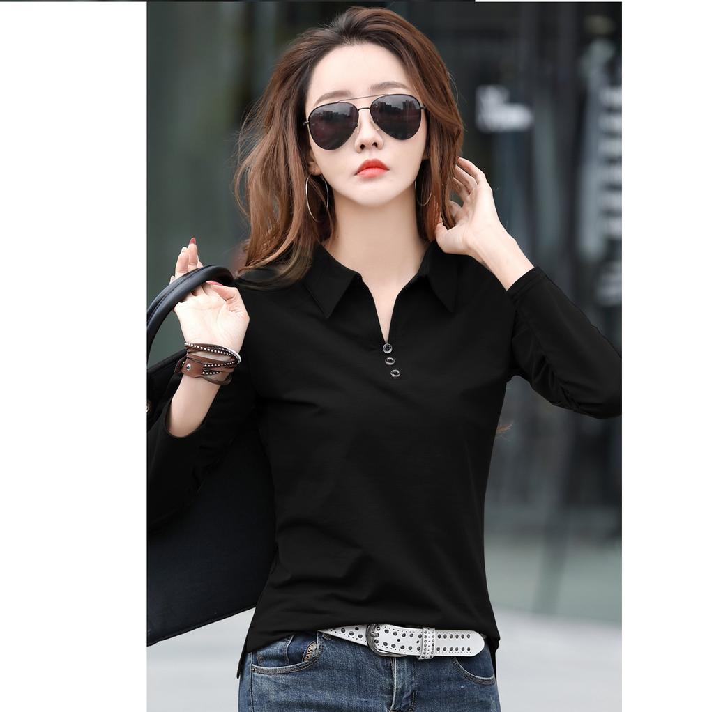 Dámské tričko s dlouhým rukávem a POLO límcem, jednoduché svrchní oblečení na jaro a léto, slim fit a zeštíhlující, jednobarevné