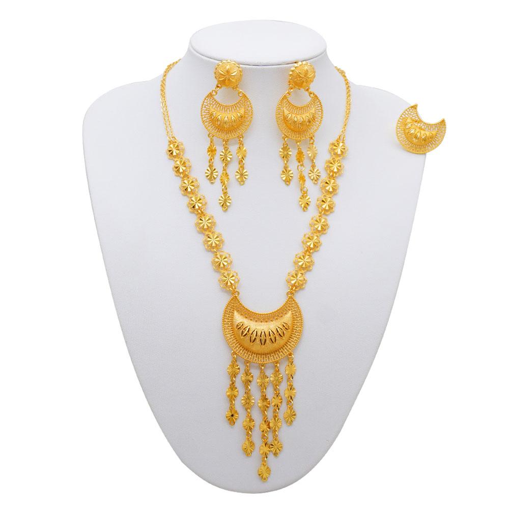 Dubai 24K Gold Plated Jewelry Set Butterfly Necklace Earrings Bracelet Ring Set Tassel Pendant