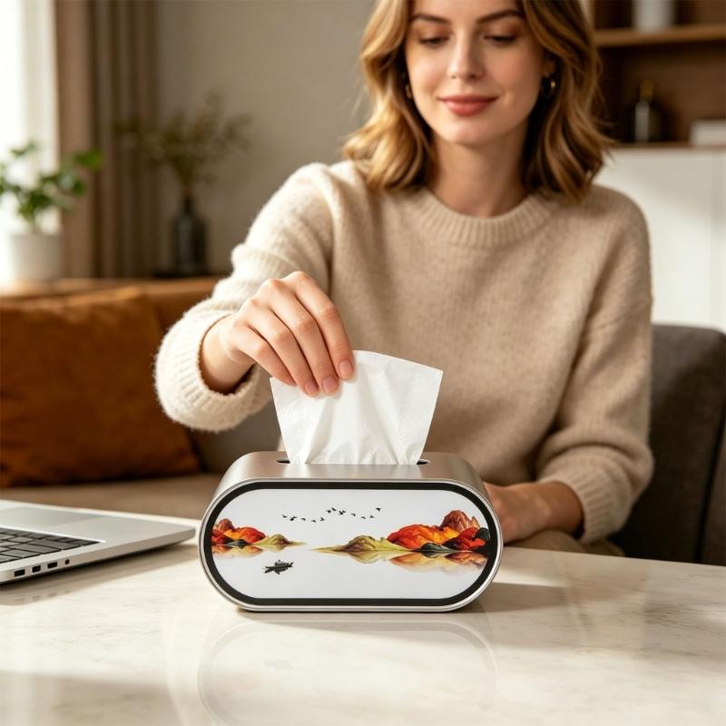 Artistic Round Tissue Dispenser With Soft Background Light 1200mAh Battery Powered Touch Panel For Bedroom