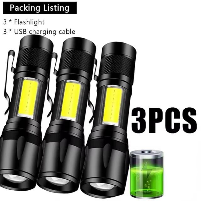 COB+XPE Mini LED Camping Flashlight Portable USB Rechargeable Torch Outdoor Zoomable Light Tactical Lantern Lamp with Pen Clip