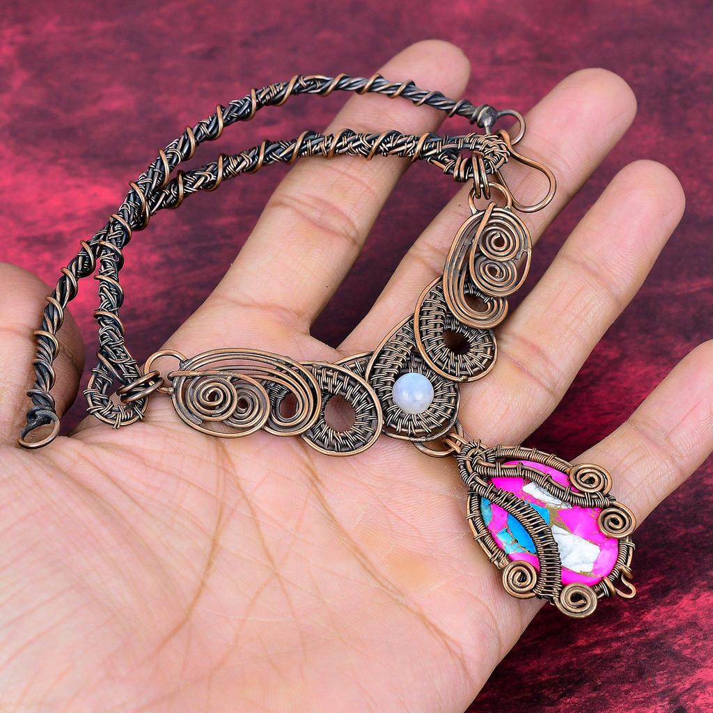 Cotton Candy Turquoise Necklace Copper Wire Wrapped Necklace Rainbow Moonstone Gemstone Jewelry Handmade Necklace Copper Jewelry for Gifts