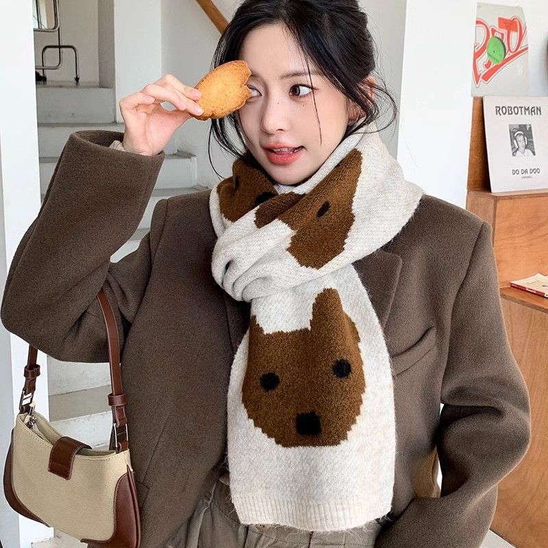 New Winter Scarf for Women with Dog Pattern  Cute College Style Wool  Korean Style Atmosphere  Couple Travel Scarf for Men