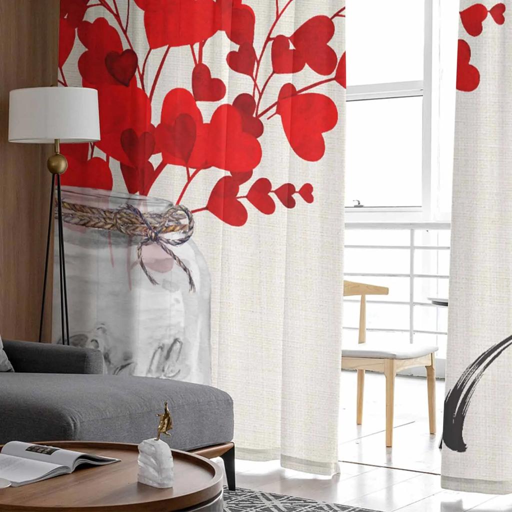Valentinstag Liebe Blume Glas Flasche Gardinen für Wohnzimmer Küche Fenster Vorhänge Schlafzimmer Tüll Voile Vorhänge