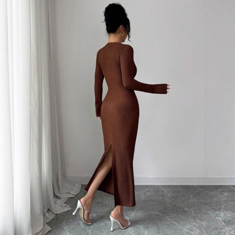 Womens Knit Dress V-Neck Slim Fit Solid Color Long Sleeve Elegant Commuter Style