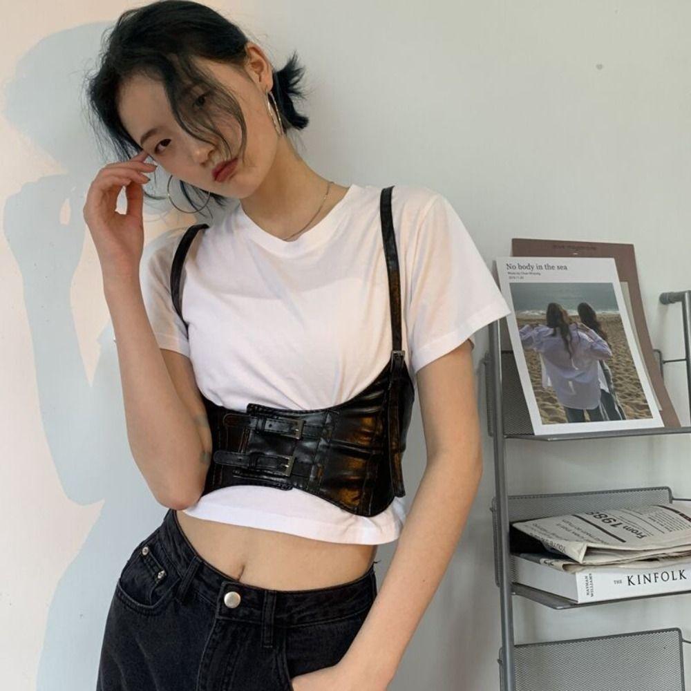 Hohe Taille Breiter Gürtel PU-Leder Taillenkorsett Punk Hosenträger Elastische Bauchbinden Kleid