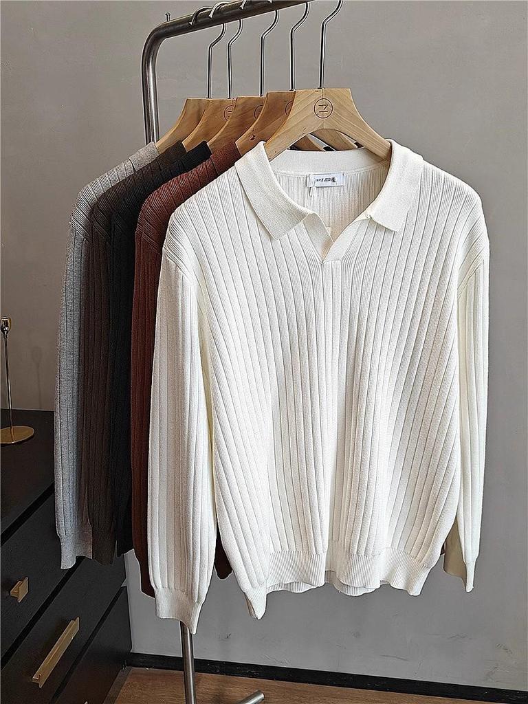 Sweater Raffiné pour Homme en Maille Blanche à Revers - Manches Longues Automne/Hiver Couche de Base Style Tendance