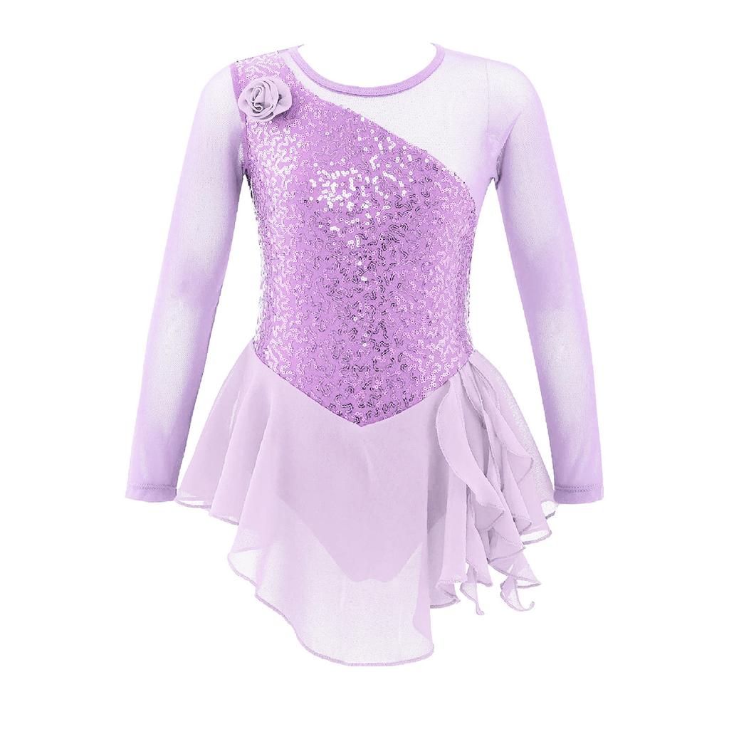 Girls Jazz Dance Bodysuit Rhythmic Gymnastics Stage Wear Sequin Tulle Splice Long Sleeves Cutouts Back Figure Ice Skating Athletic Skirted Leotard