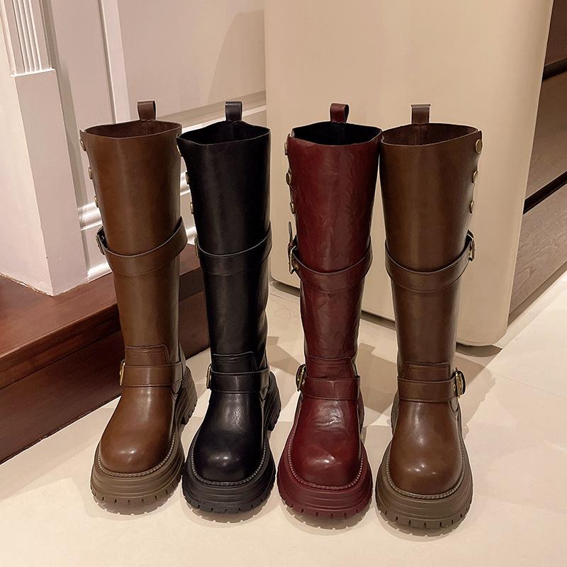 New Fashion Thick Soled Knee High Boots For Women, Retro British Style Belt Buckle Knight Boots, Versatile Long Boots