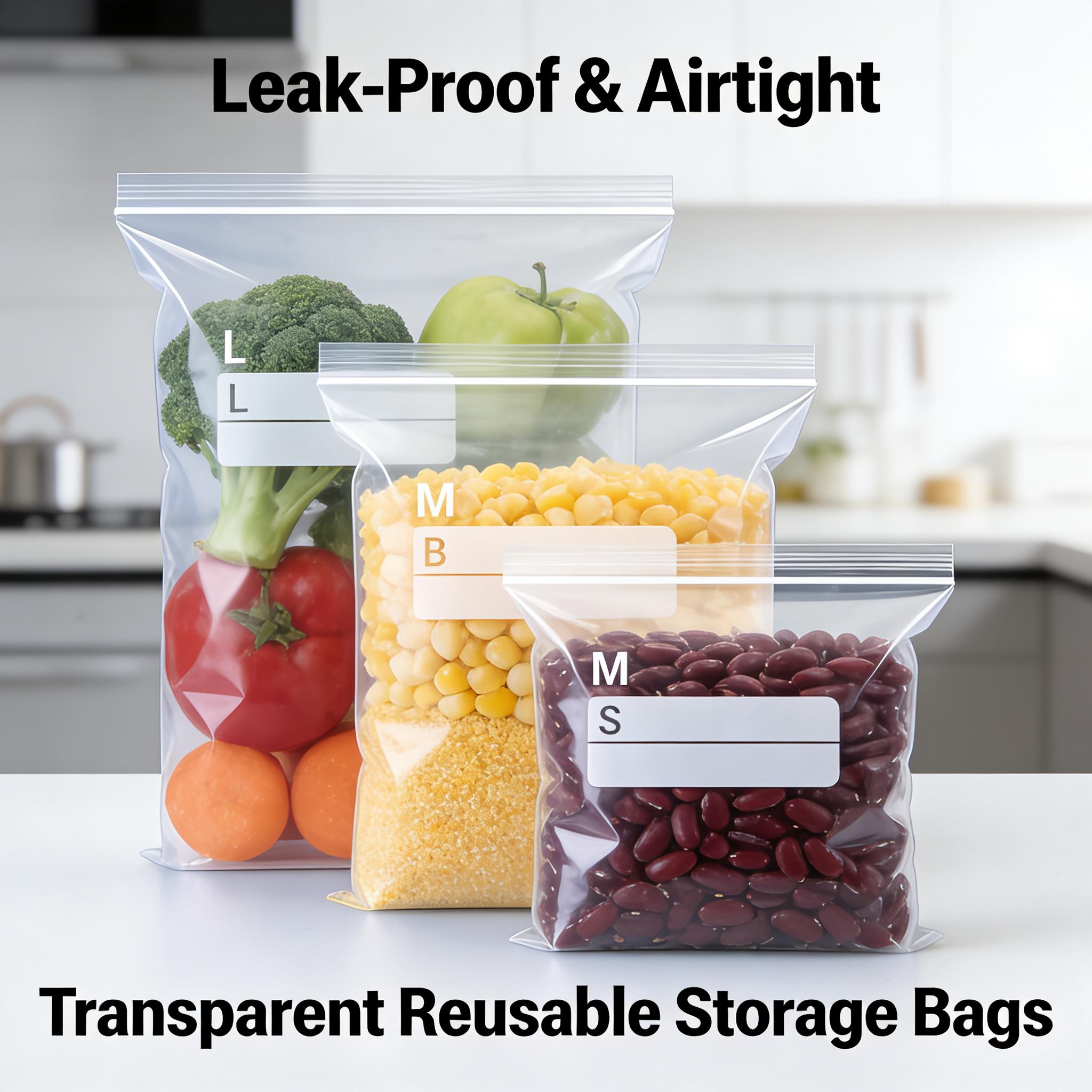 3 Size Reusable Storage Bags Transparent Leak Proof Freezer Bags Airtight Seal for Food Fruit Veggie Storage S