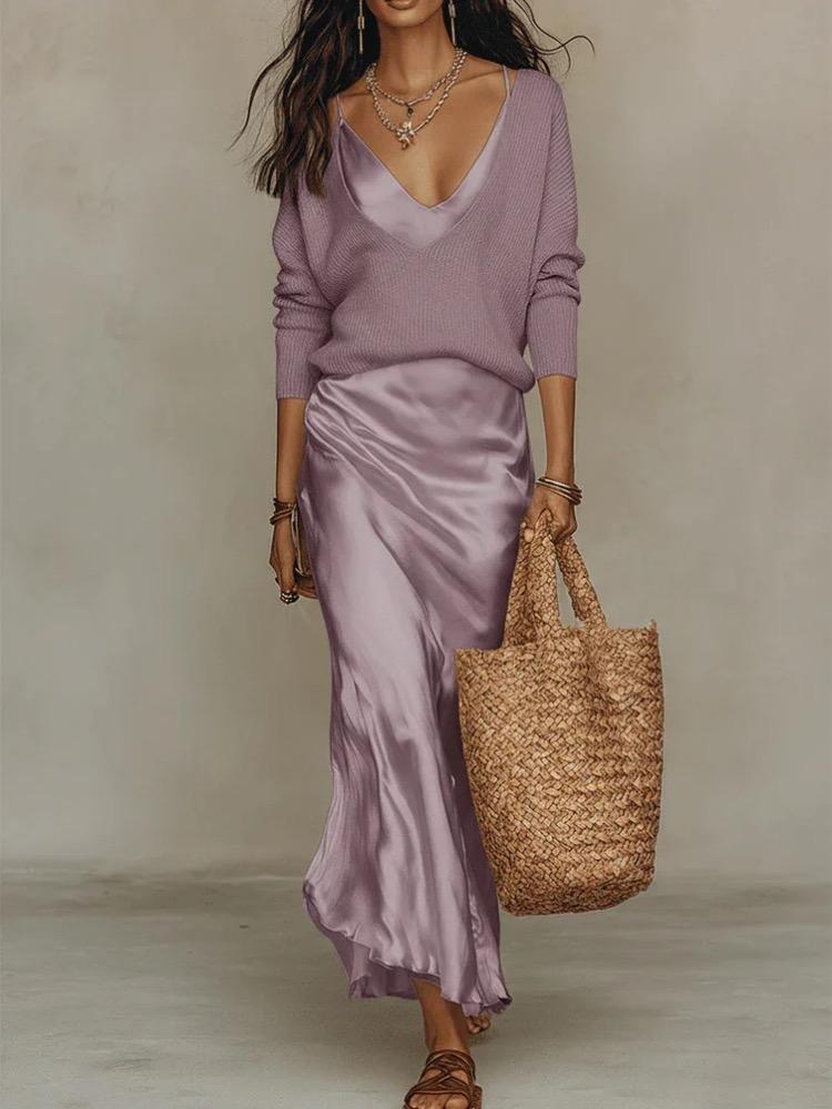 Women's Chic Satin Maxi Dress 2 Pieces Sets Sexy Straps Sleeveless Long Sleeve Top Evening Dresses Elegant New Party Street Gown