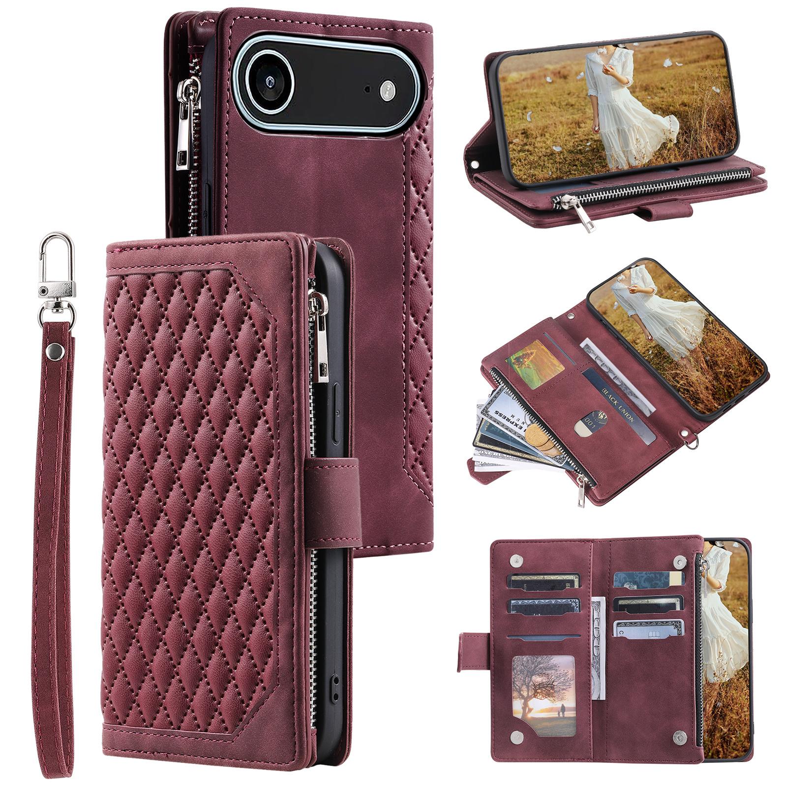 

For iPhone 17 Air Wallet Case Rhombus Stitching Line PU Leather Phone Cover with Wrist Strap Wine Red