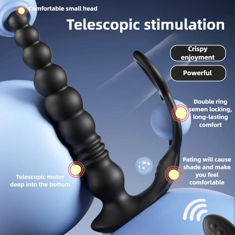 Male Prostate Massager Telescopic Anal Vibrator with Penis Ring Butt Plug Remote Control Wearable Anus Adult Sex Toy for Men Gay