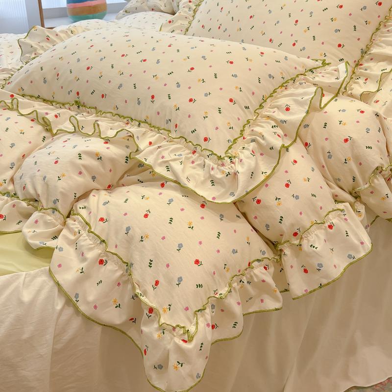 3/4Pc Korean Princess Style Floral Ruffles Bedding Set Single Queen Size Soft Skin-friendly Washed Cotton Duvet Cover Pillowcase