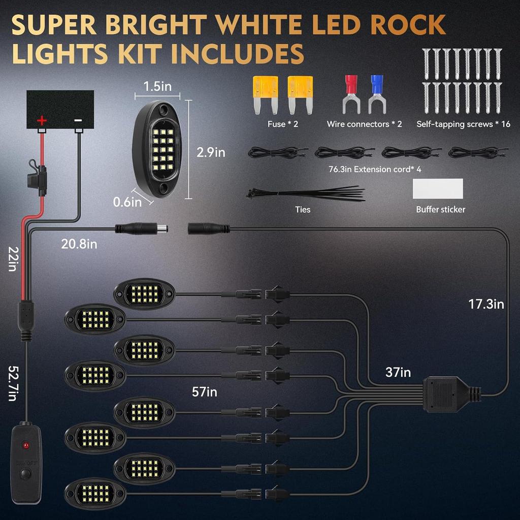 8Pods Pure White LED Rock Lights Kit with Switch Wiring Harness Extension Wire, 6500K 15LEDs Neon Underglow Light Waterproof Fender Lights for Car