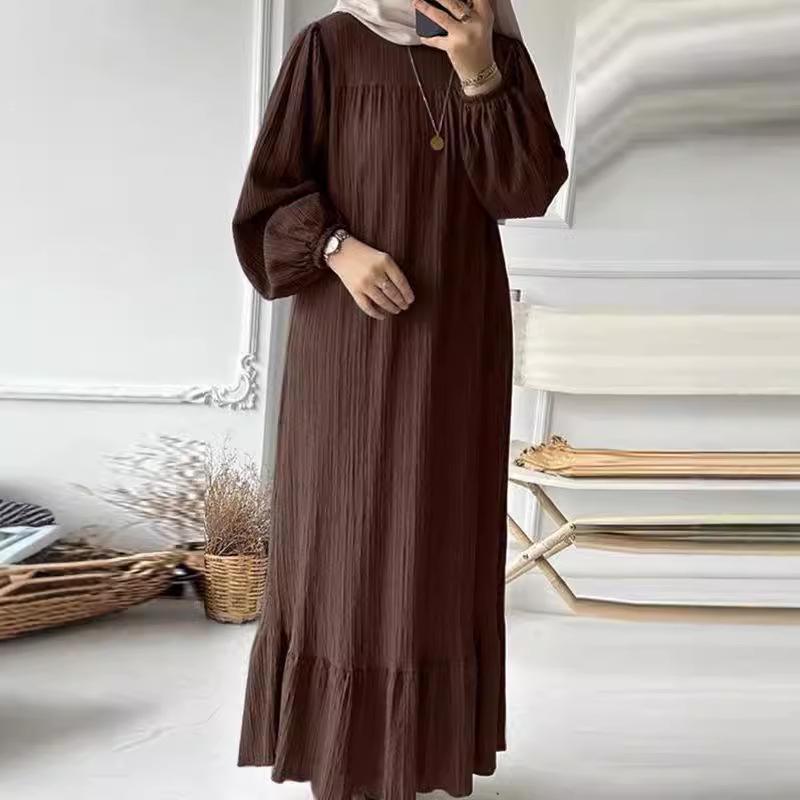 2024 Spring/Autumn Puff Sleeve Retro Ruffle Hem Dress for Muslim Women
