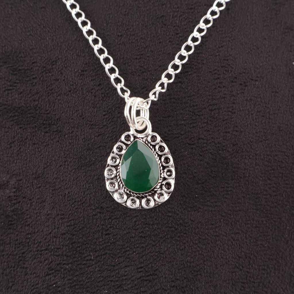 Pære Naturlig Grønn Onyks 925 Sølv Søstergave Etnisk Forlovelse Nytt Anheng PP-26-16