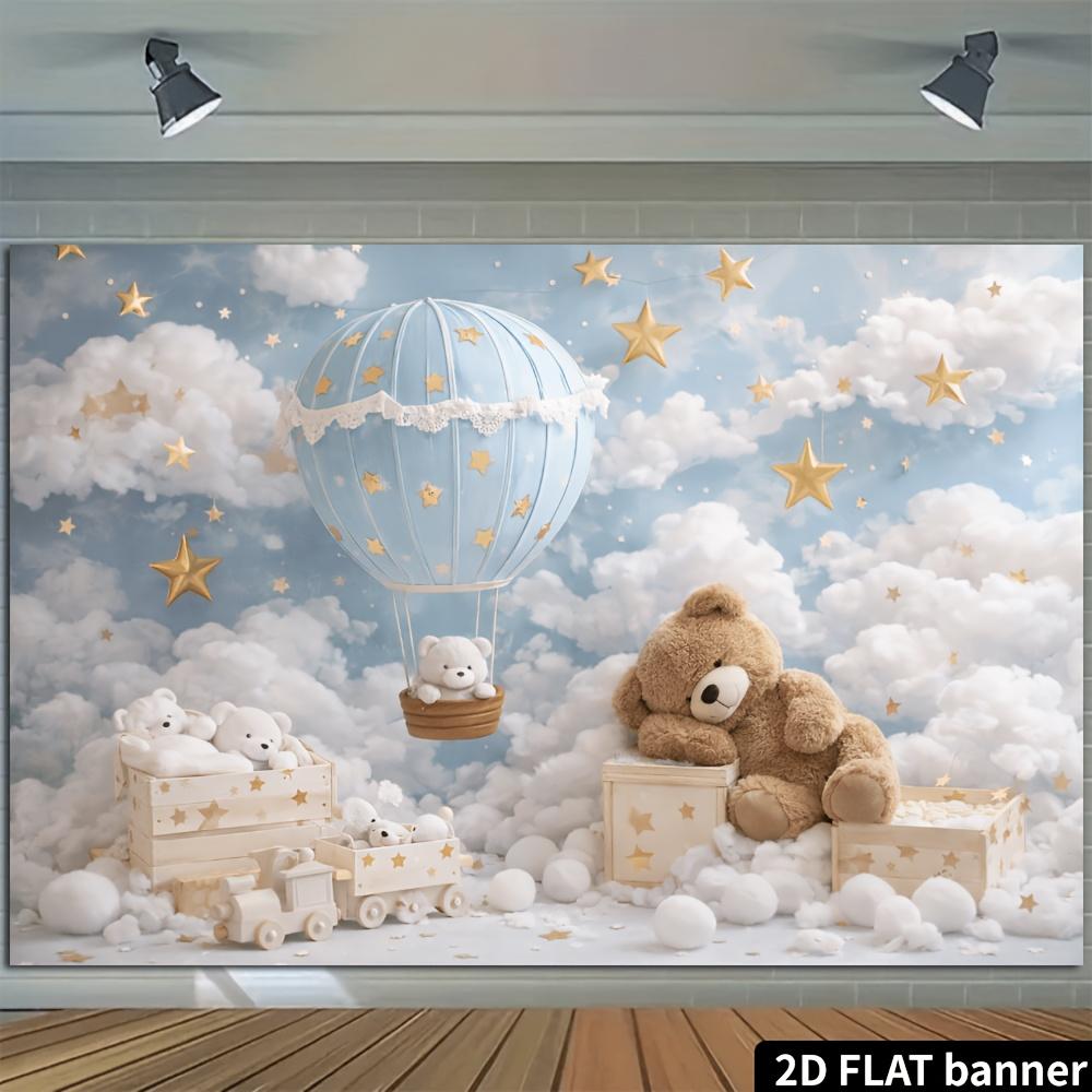 2D Featuring Blue and White Hot Air Balloons Teddy Bears and Trains with a Blue Sky and White Clouds As the Background