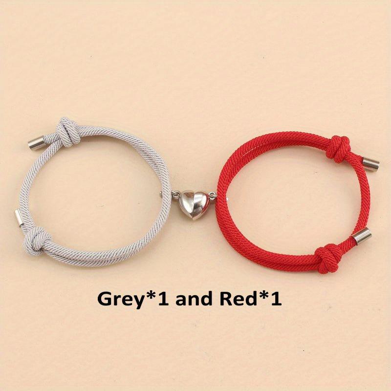 2pcs/set Magnetic Heart Charm Braided Rope Adjustable Bracelets For Couples, Holiday Birthday Gift For Boyfriends / Girlfriends