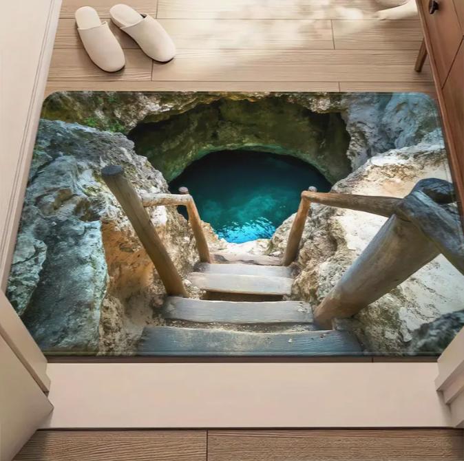 1 Stück Visuelle Illusion Geistermuster Fußmatte mit Lebhaftem Blauem Wasserfall und Felsen Badezimmer Schlafzimmer Wohnzimmer Eingang Teppich