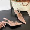 2025 spring and summer new bow medium high heels women's bag head sandals one-word buckle with pointed head empty single shoes women