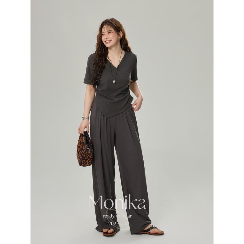 

Women s Clothing Plus Size Ladies Summer New Temperament V Neck Tops Asymmetrical Short Sleeve T-shirt Two-piece Set Loose Pants Straight-Leg Pants Gray Top XL