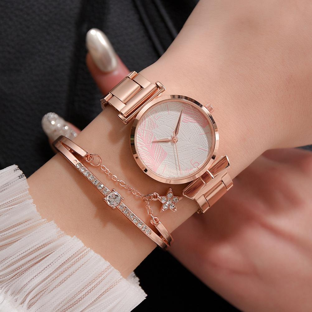 Fashionable Women Watches Bracelet Box Set Leaf Dial Clock Women Wrist Watches Star Bracelet