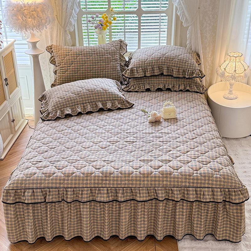 Countryside Style Cotton Bed Skirt Washed Cotton Quilted Bed Runner Full Package Mattress Protect Cover for Bedroom Decora  Dust-proof Bed Sheets