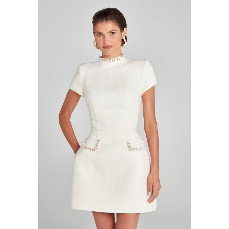 

Тонкий Тонкий Темперамент Круглый Шея Бусины Для Ногтей Маленькое Ароматное Платье Женщина S белый